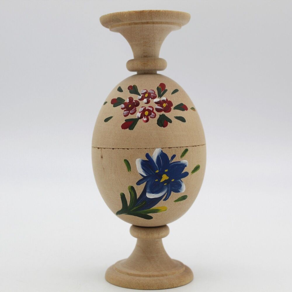 Double Nesting Egg Cup Wooden Hand Painted Floral Design Handmade